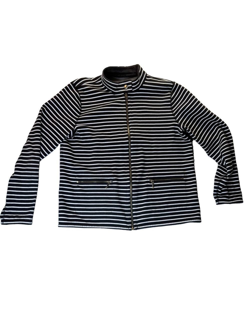 Lauren Ralph Lauren L Reversible Striped Knit Jacket Black White Gold Zip